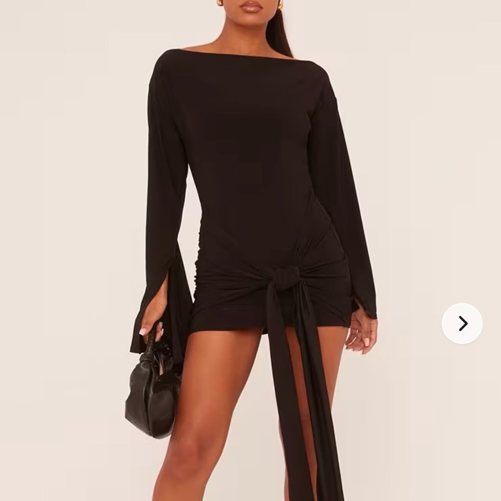 Long Flared Sleeve Drape Detail Mini Bodycon Dress In Black Slinky